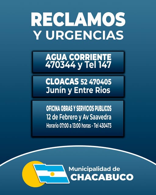 Teléfonos y oficinas para reclamos y urgencias vinculados a Agua Corriente, Obras Sanitarias y Obras y Servicios públicos