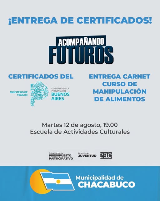Acompañando Futuros: Se entregarán certificados y carnets de manipulación de alimentos