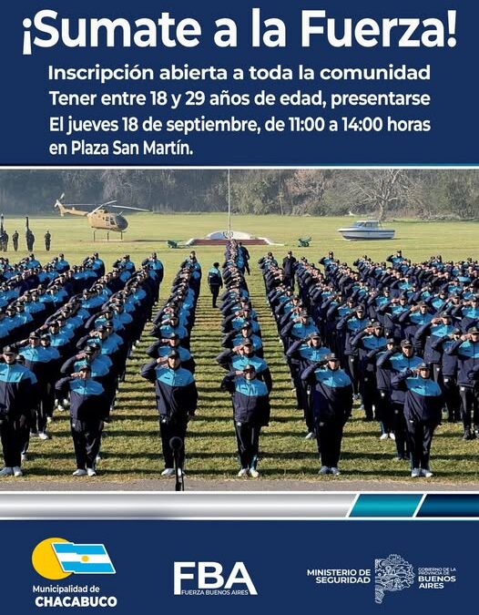 Sumate a la fuerza 2026, inscripción este jueves en plaza San Martín en Chacabuco